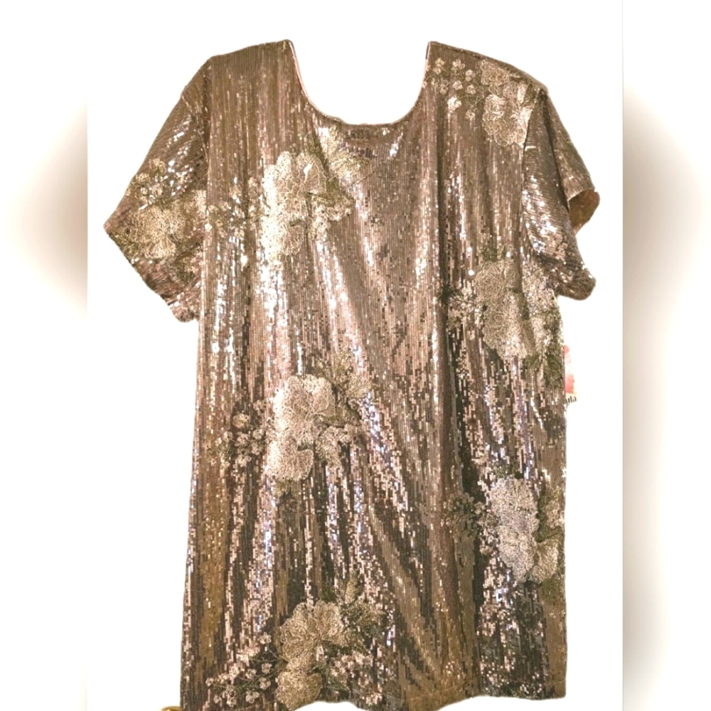 ARULA Gold Sequin Floral Short-Sleeve Dress